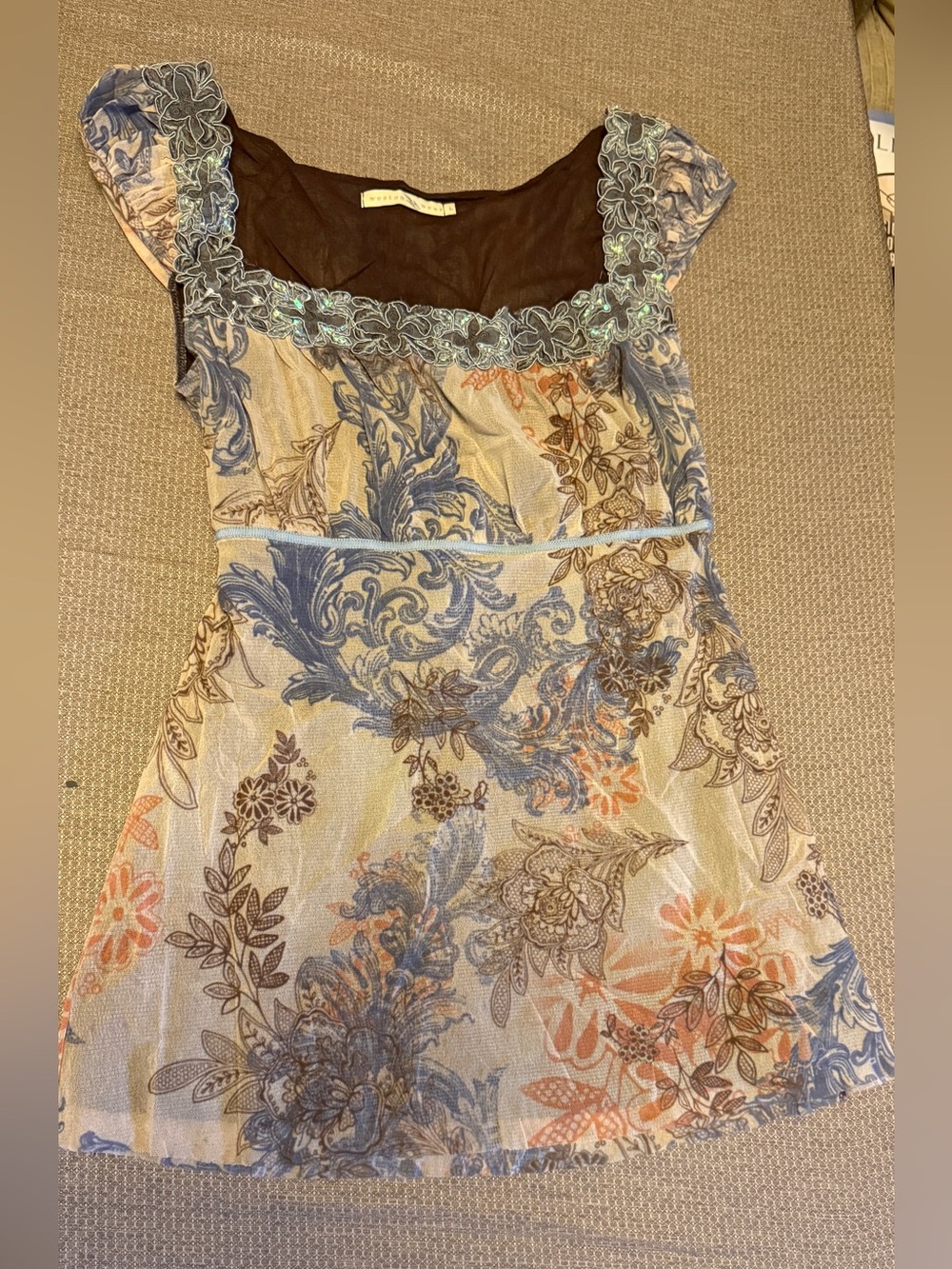 Weston Wear Blue, Cream and Peach Floral Lace-Trim Mini Dress